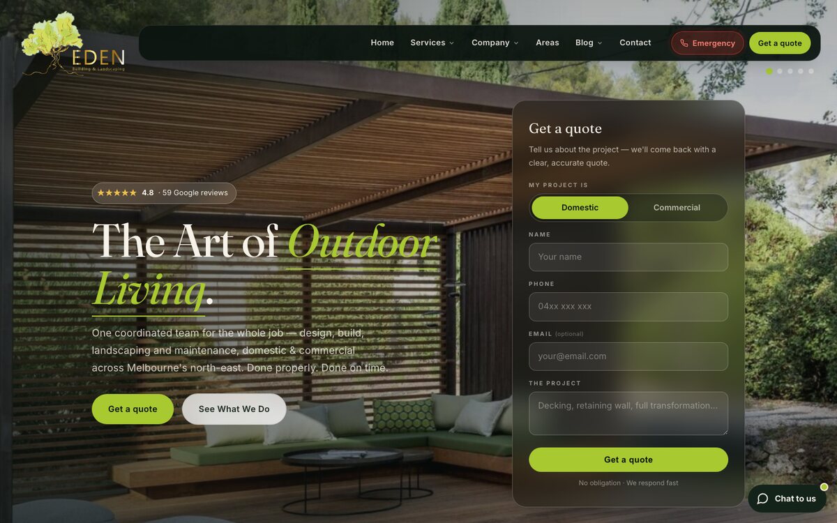 Eden Building & Landscaping website homepage built by Scalus