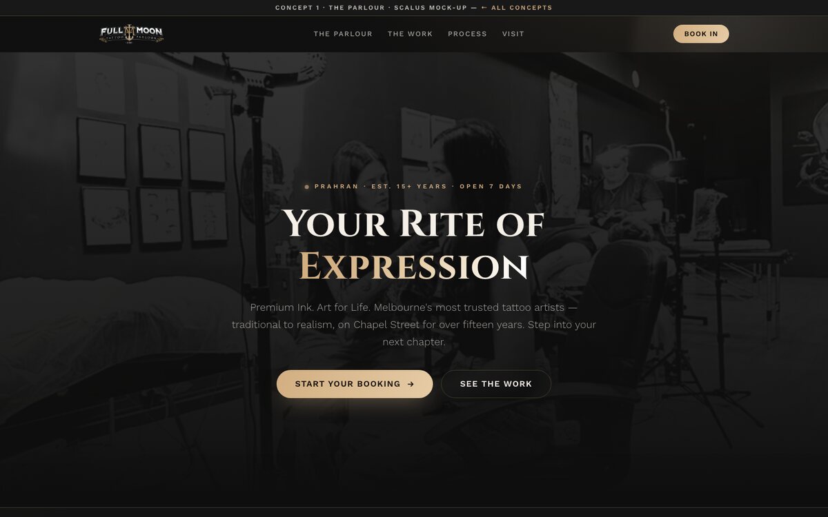 Full Moon Tattoos studio website built by Scalus
