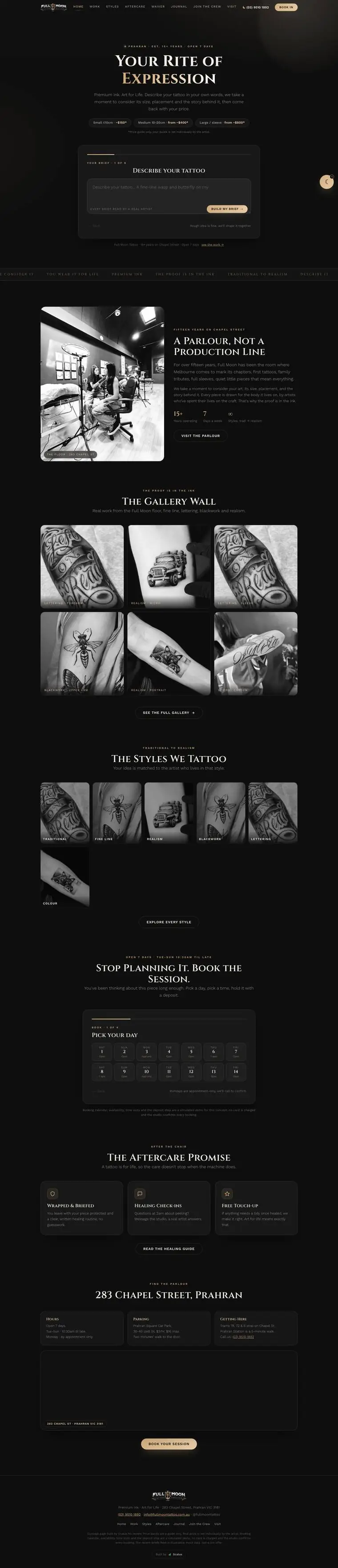 Full Moon Tattoo studio website built by Scalus