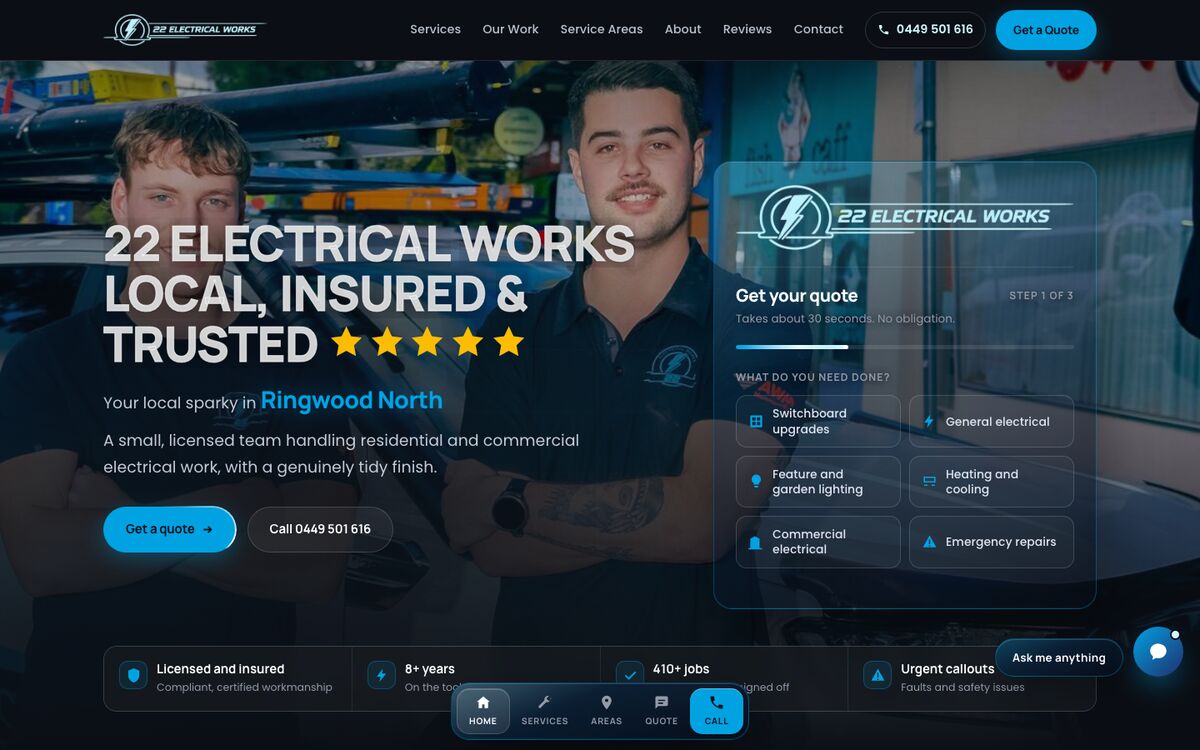 The 22 Electrical Works website, built by Scalus