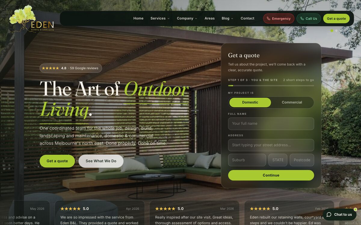 The Eden Building and Landscaping website, built by Scalus