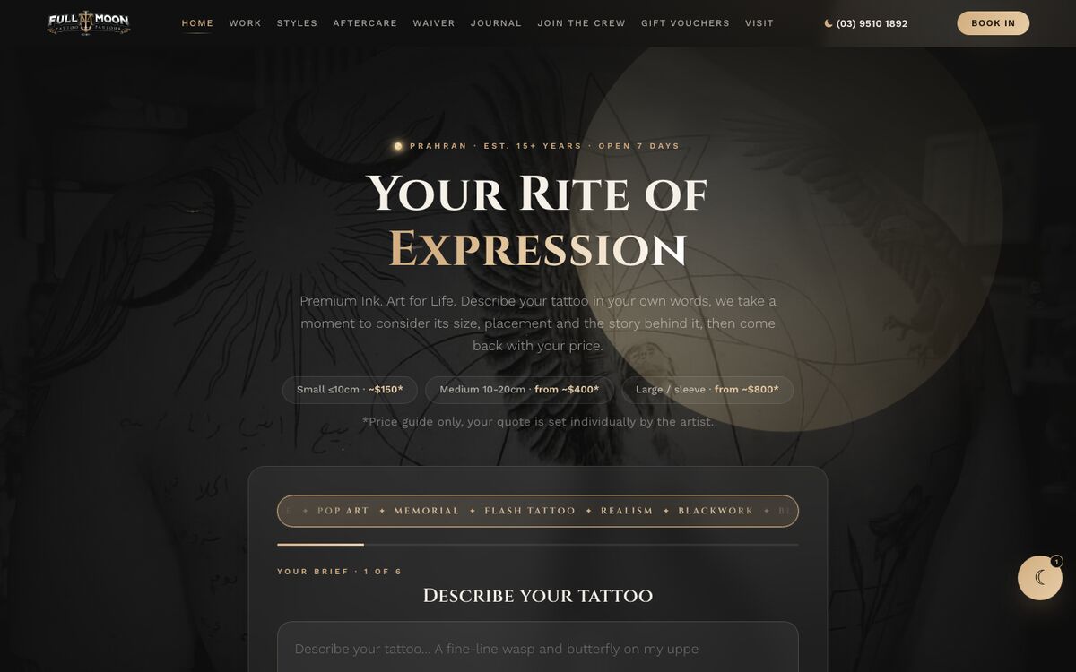 The Full Moon Tattoo website, built by Scalus