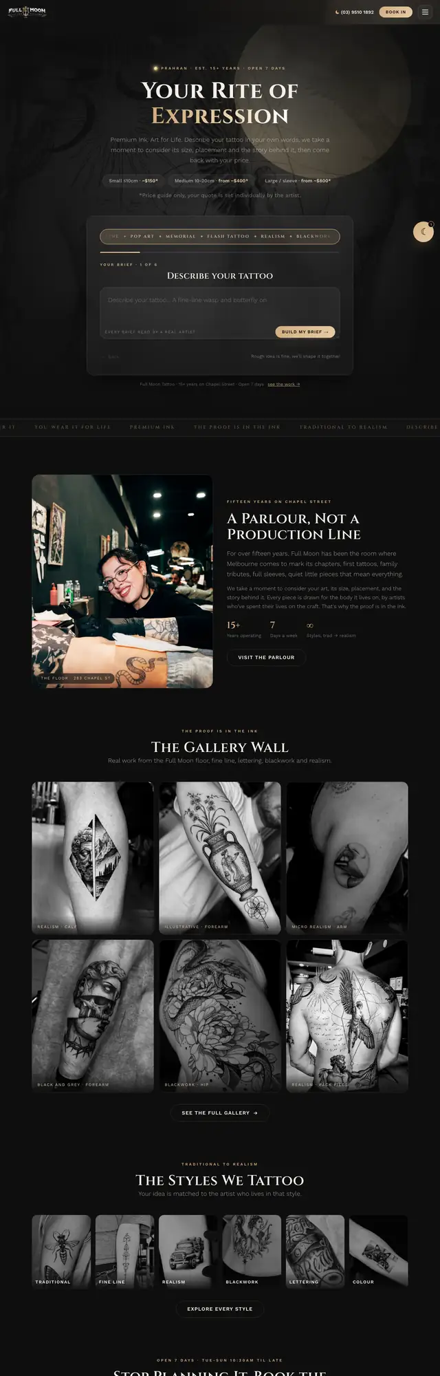 The Full Moon Tattoo website, built by Scalus