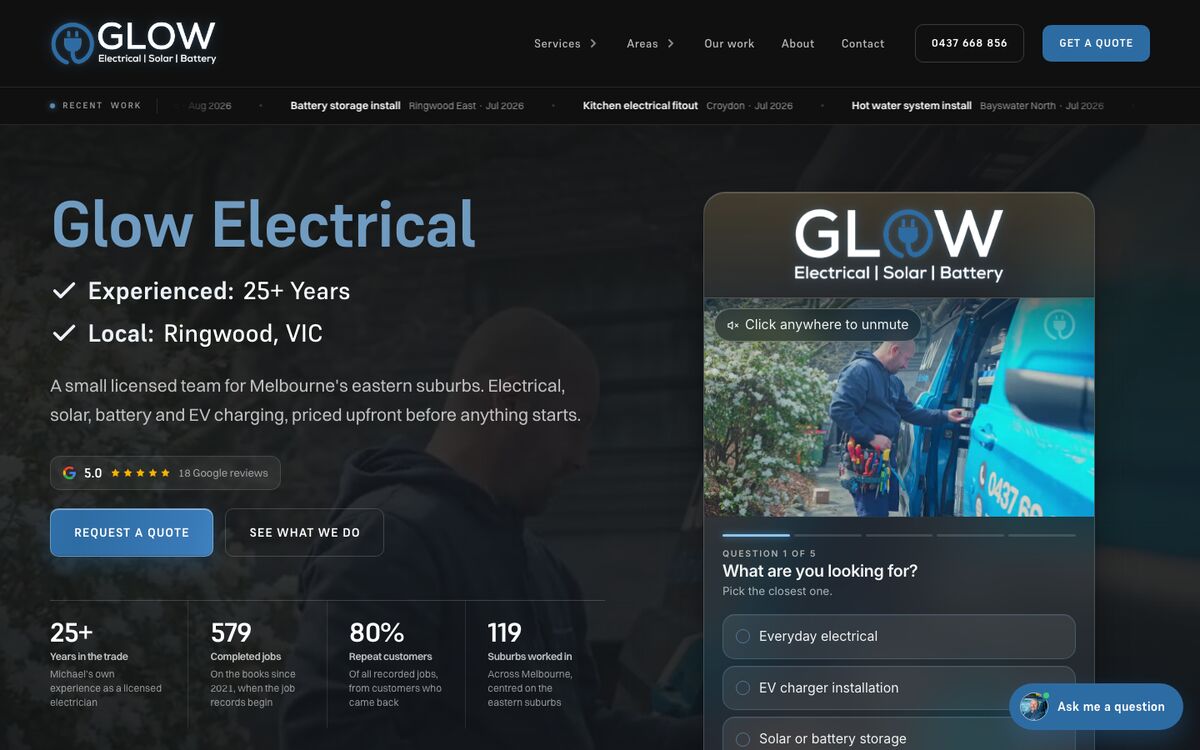 The Glow Electrical website, built by Scalus