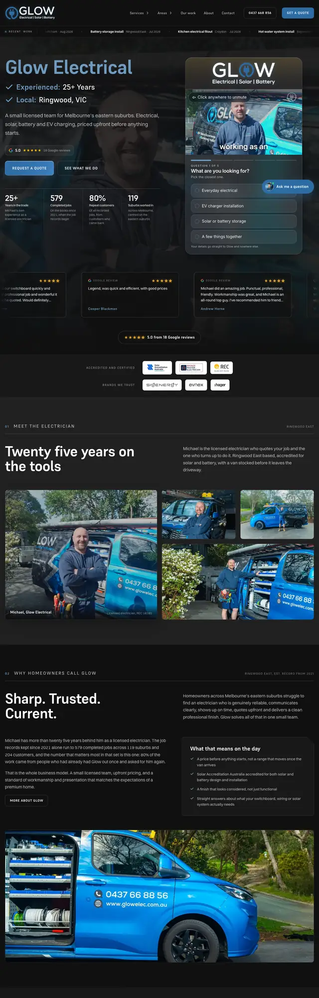 The Glow Electrical website, built by Scalus
