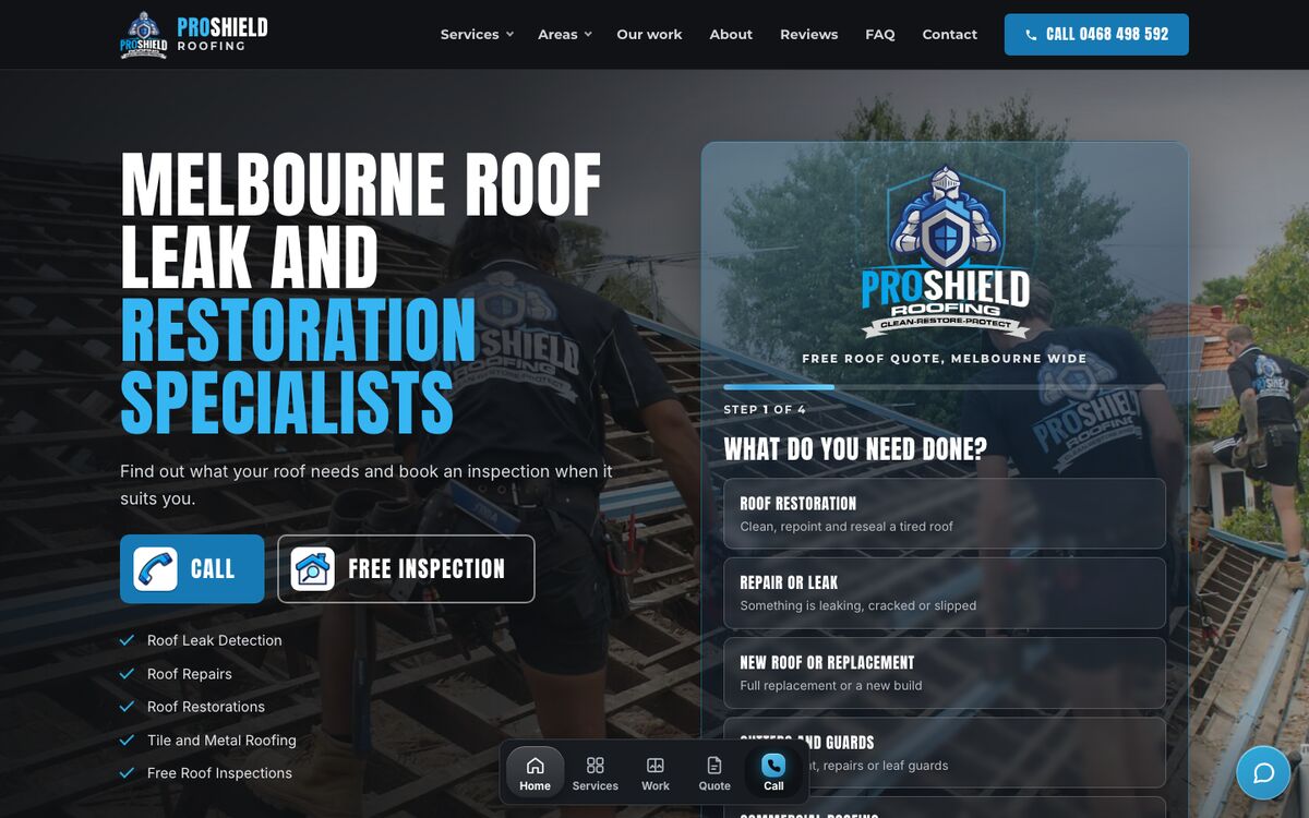 The ProShield Roofing website, built by Scalus